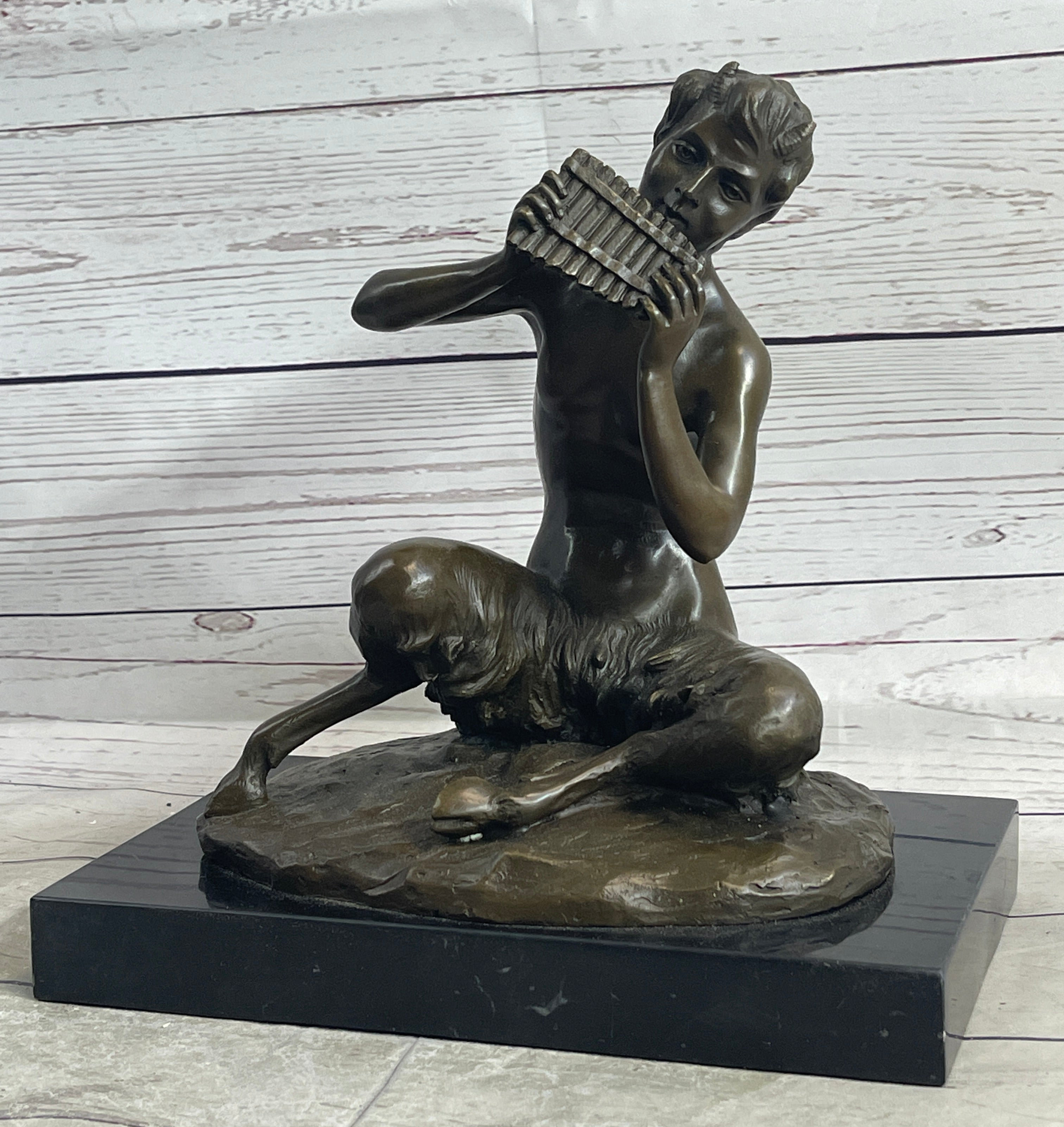 Charlton Home Nude Greek Faun Satyr Playing Pan Flute Bronze Sculpture Statue On Marble Base